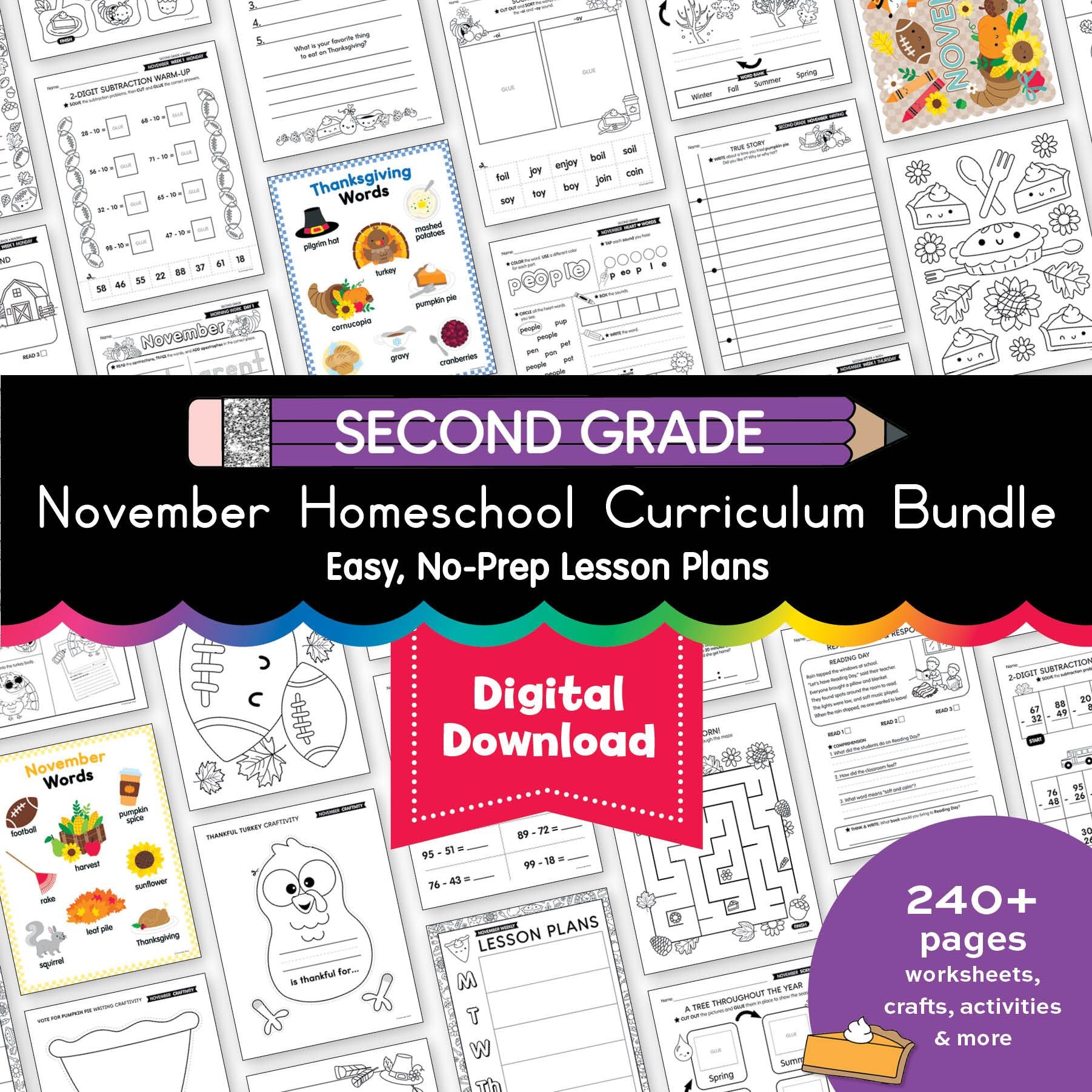 Printable Second Grade November Homeschool Curriculum Bundle