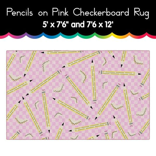 Pencils on Pink Checkerboard Rug