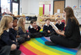 Load image into Gallery viewer, Rainbow On Blue Classroom Rug By Schoolgirl Style