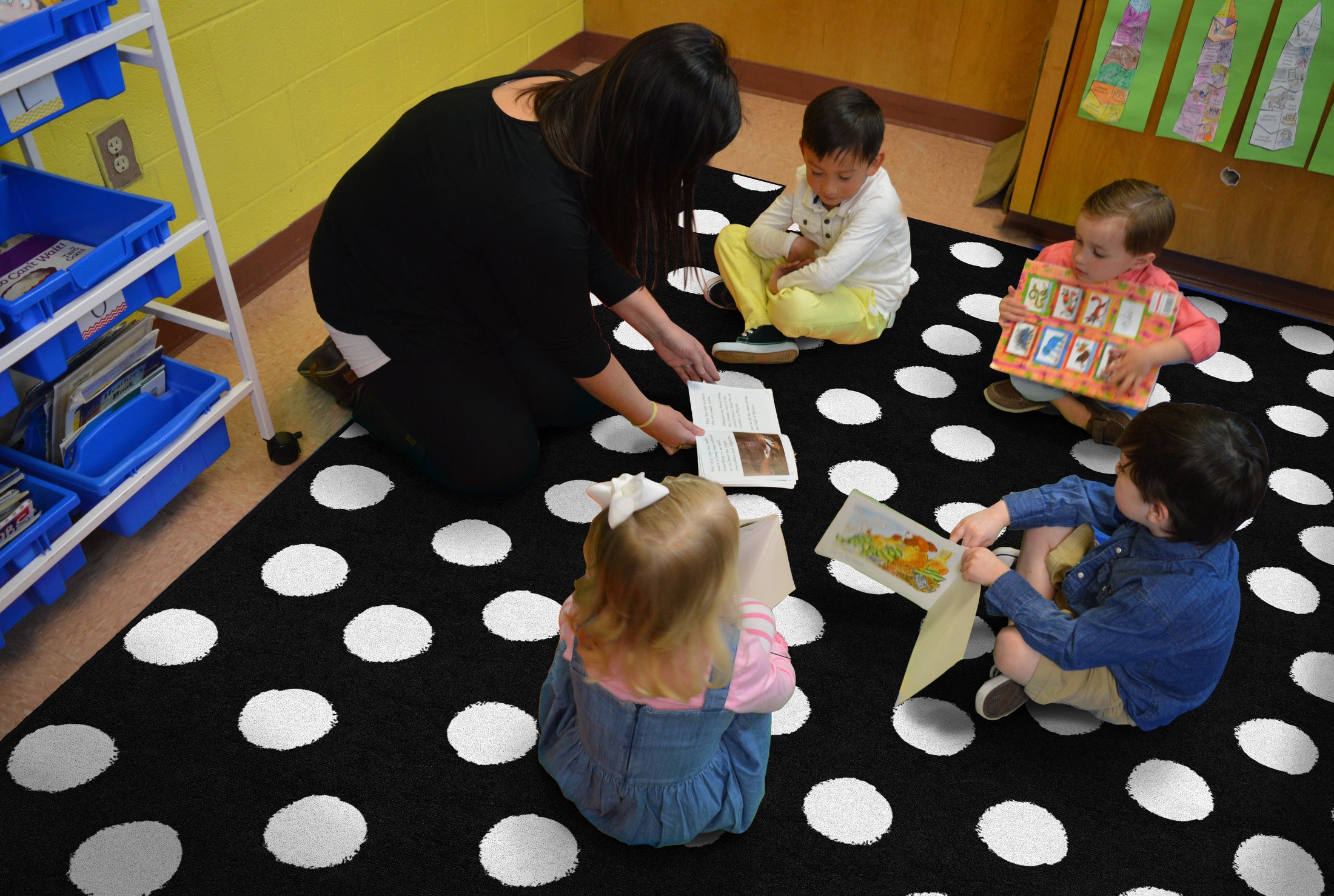Painted White Dots on Black Classroom Rug by Schoolgirl Style