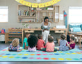 Load image into Gallery viewer, Rainbow Poms on Blue Classroom Rug by Schoolgirl Style