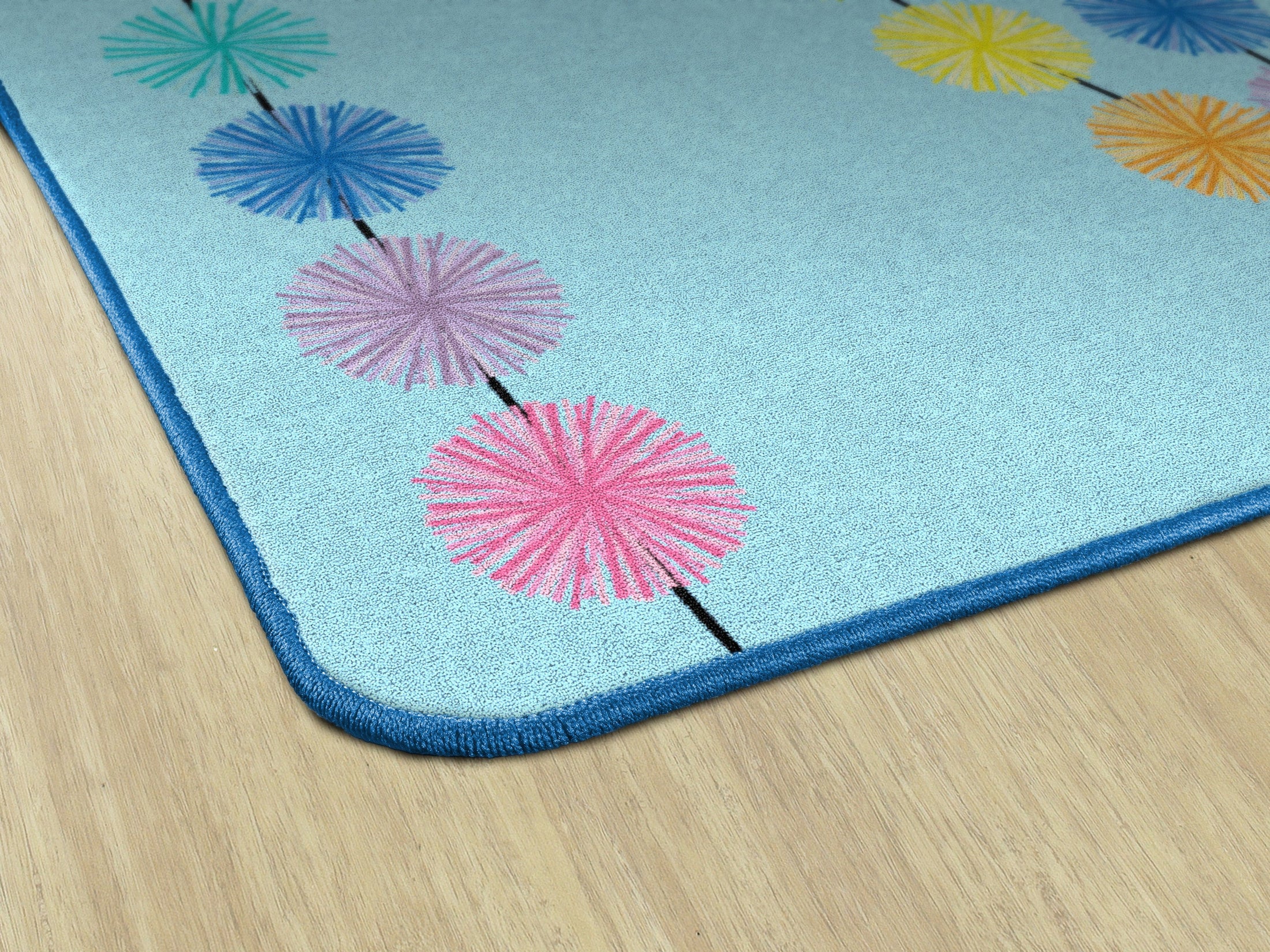 Rainbow Poms on Blue Classroom Rug by Schoolgirl Style