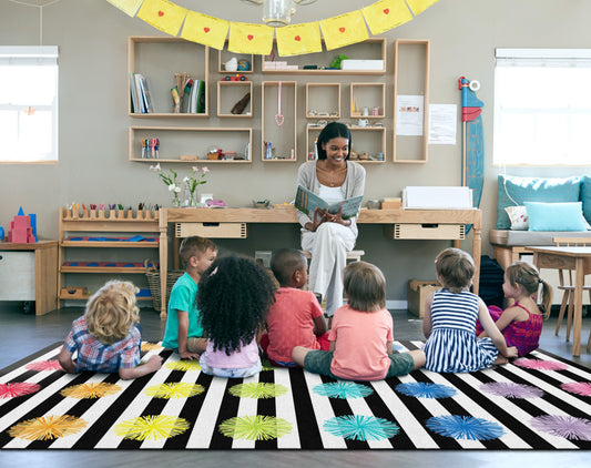 Rainbow Poms and Stripes Sit Spots Classroom Rug by Schoolgirl Style