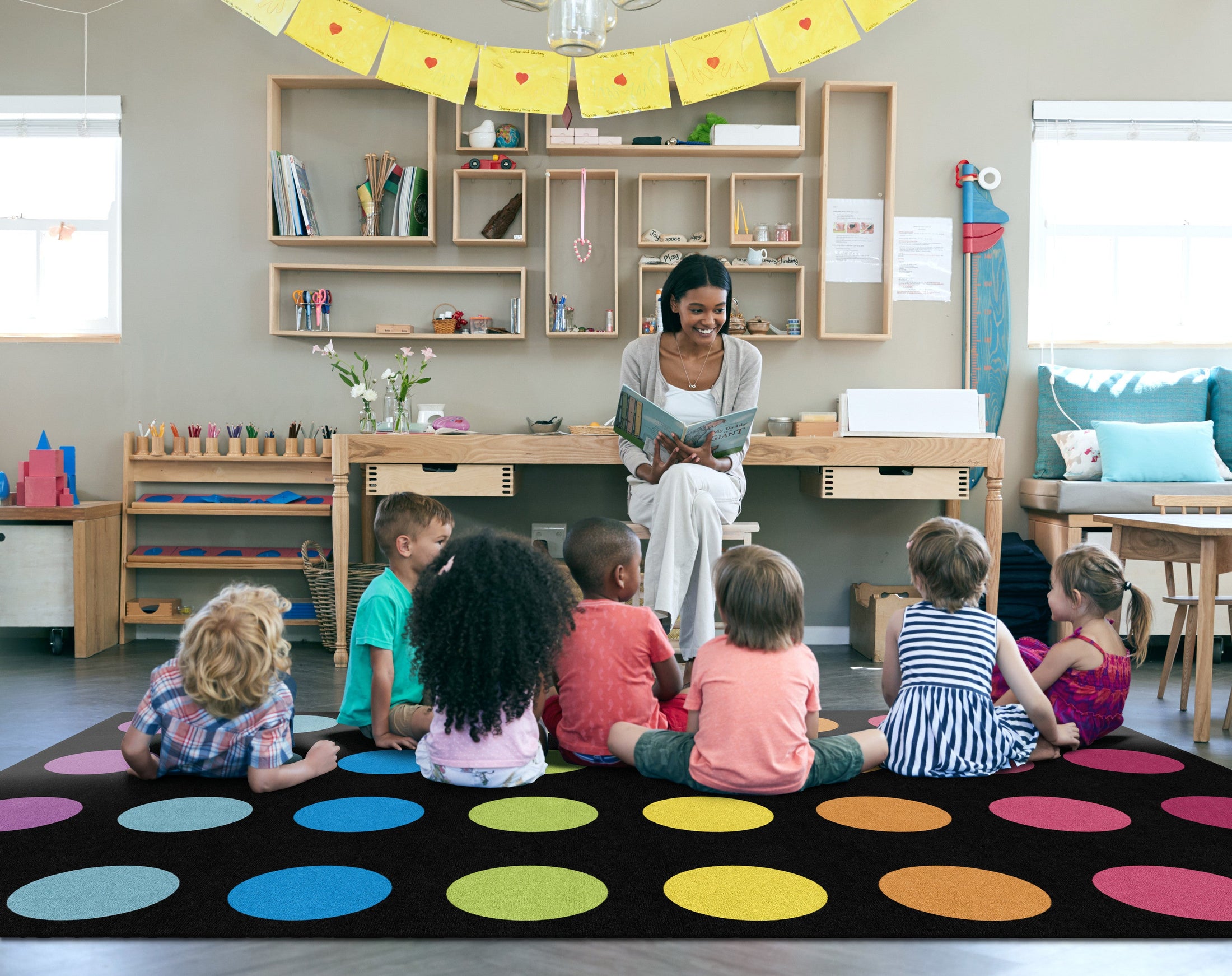Rainbow Dots on Black Seating Classroom Rug by Schoolgirl Style