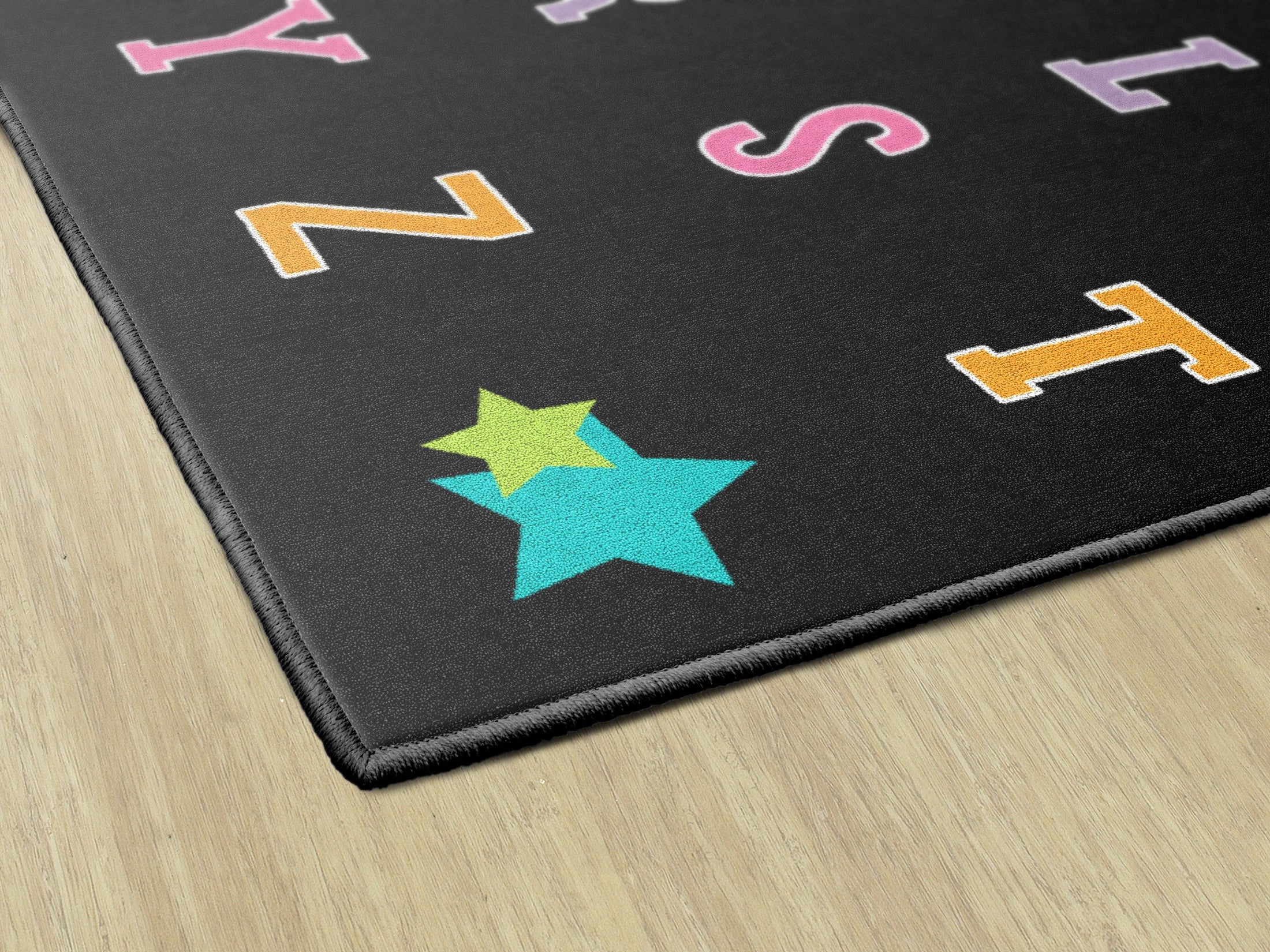 Rainbow Alphabet on Black Sit Spots Rug