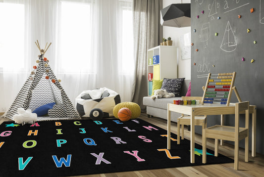 Rainbow Alphabet on Black Sit Spots Rug