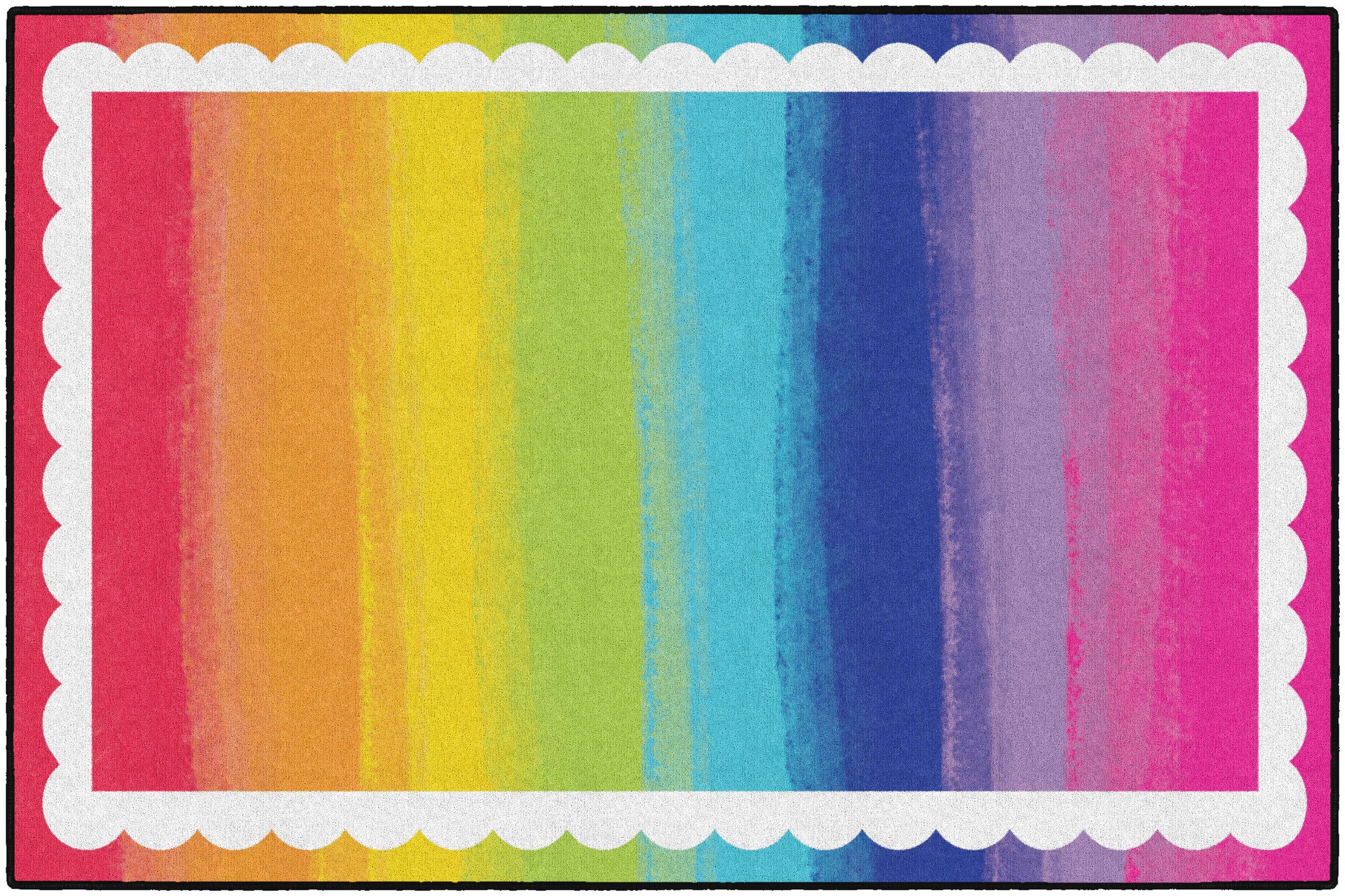 Watercolor Rainbow with White Scallop Boarder Area Rug by Flagship