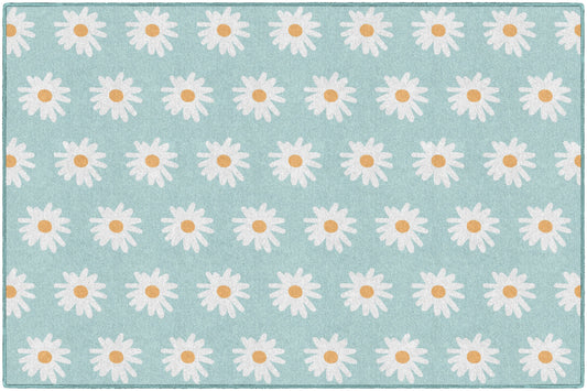 White Daisies on Blue Classroom Rug by Flagship