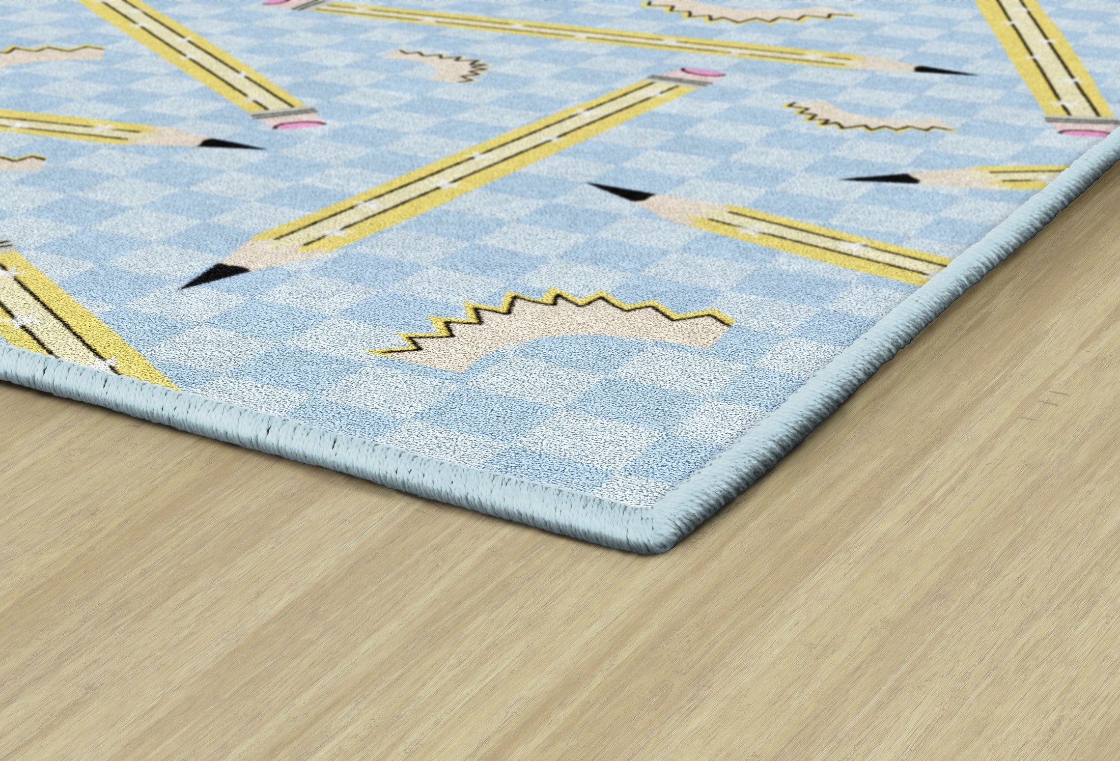 Pencils on Blue Checkerboard Rug