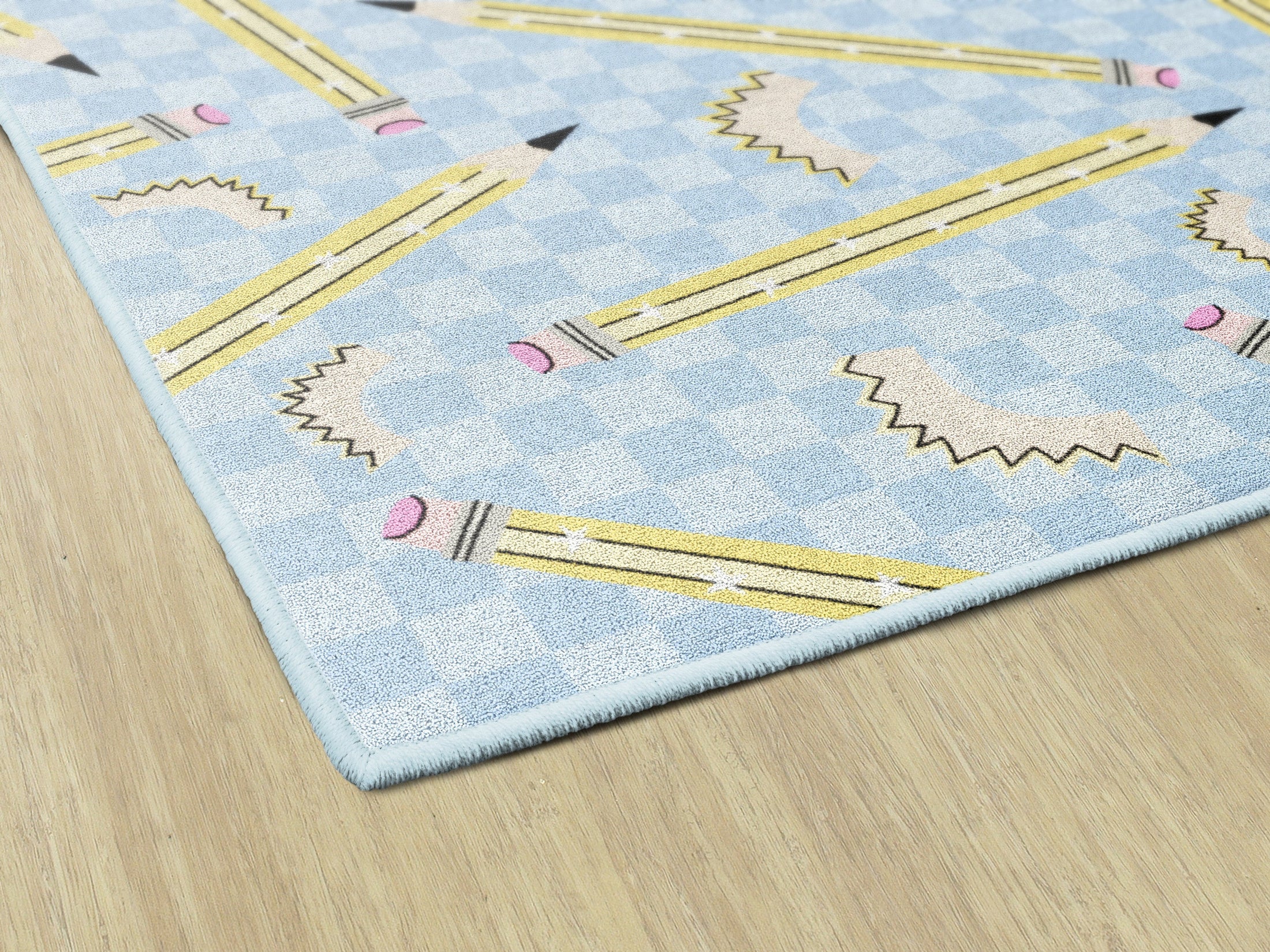 Pencils on Blue Checkerboard Rug