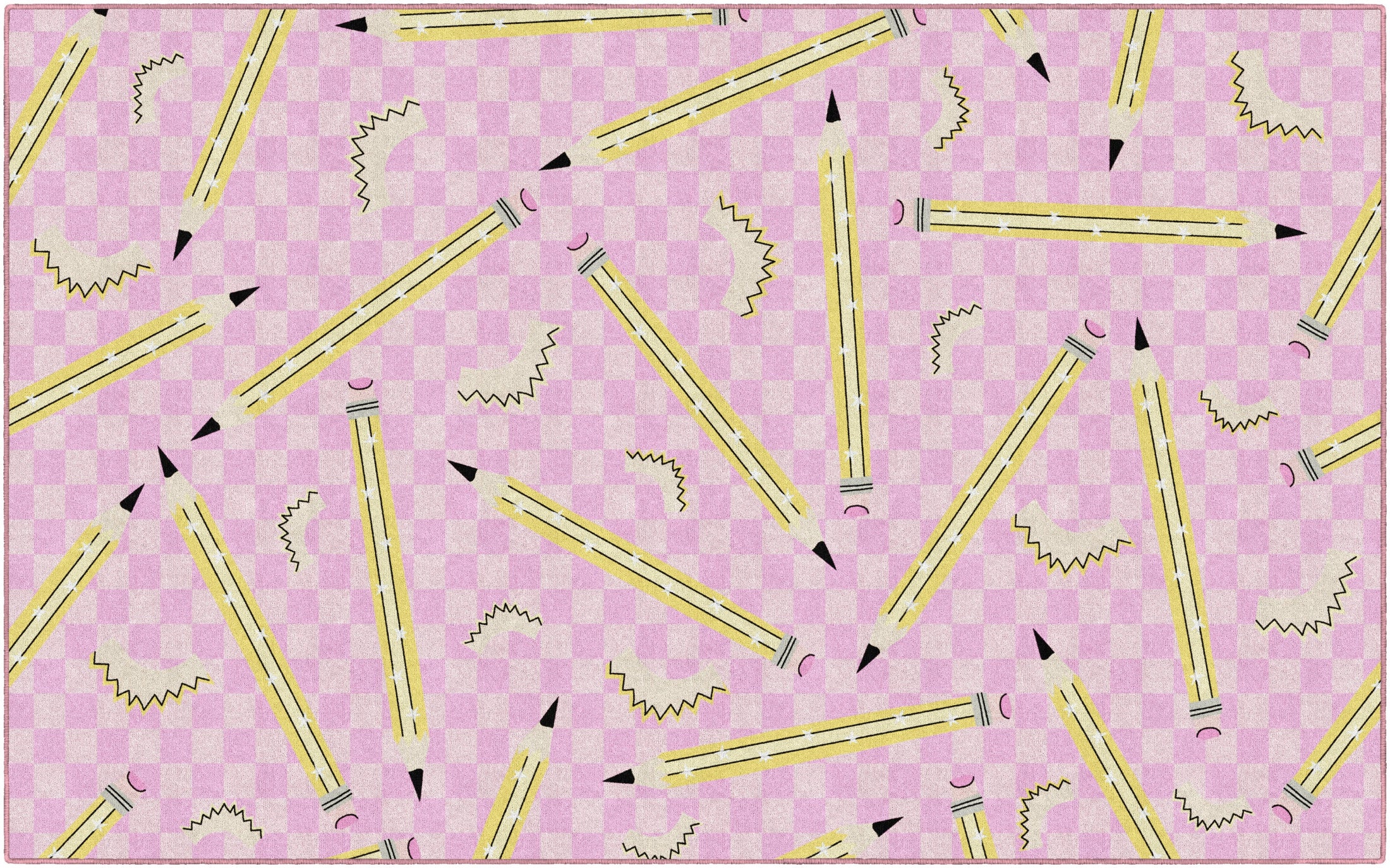 Pencils on Pink Checkerboard Rug