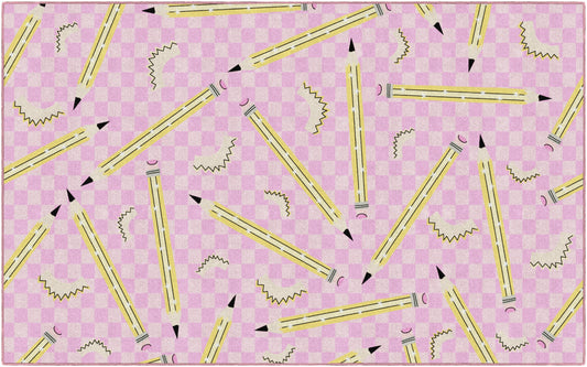 Pencils on Pink Checkerboard Rug