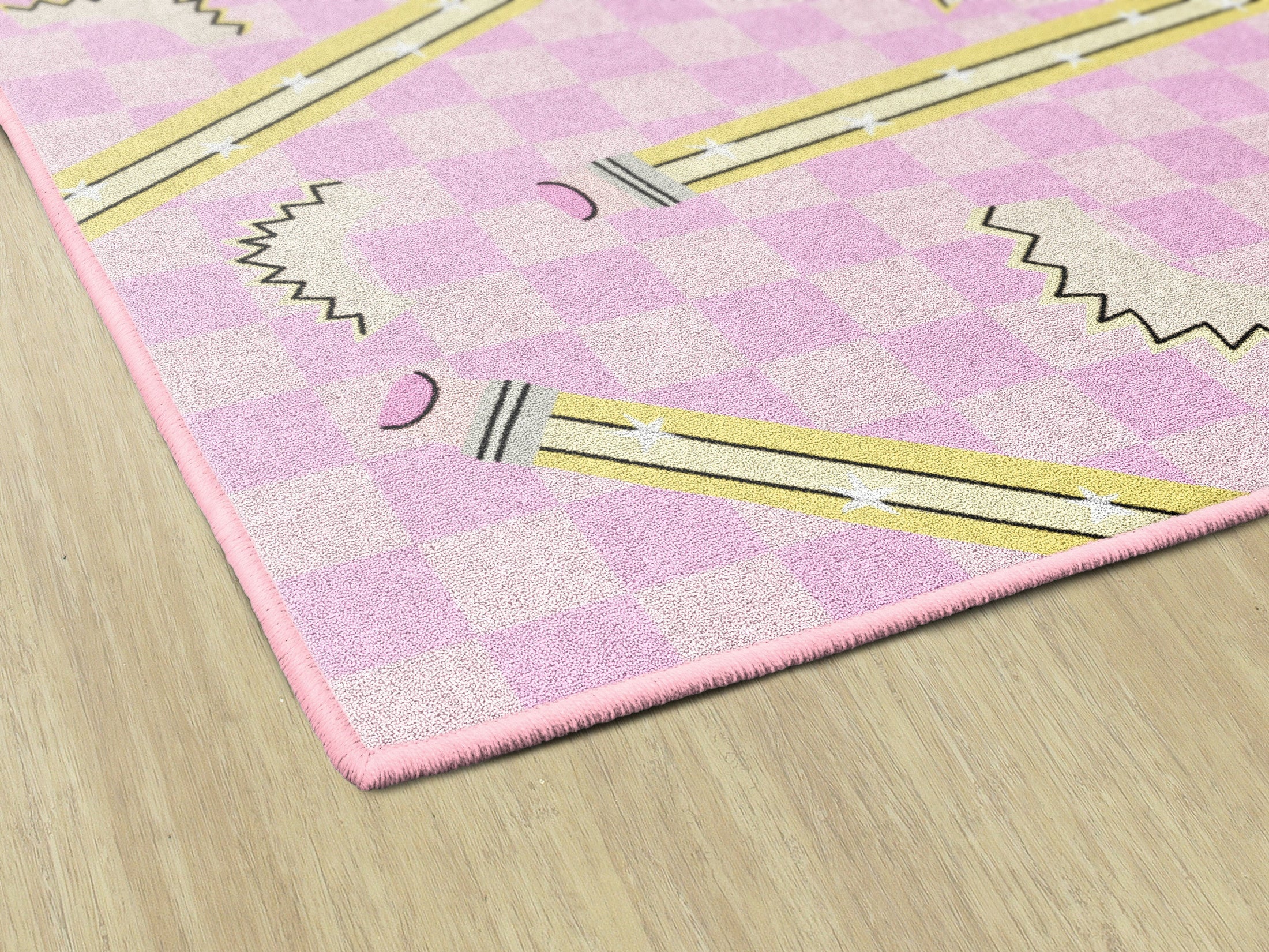 Pencils on Pink Checkerboard Rug