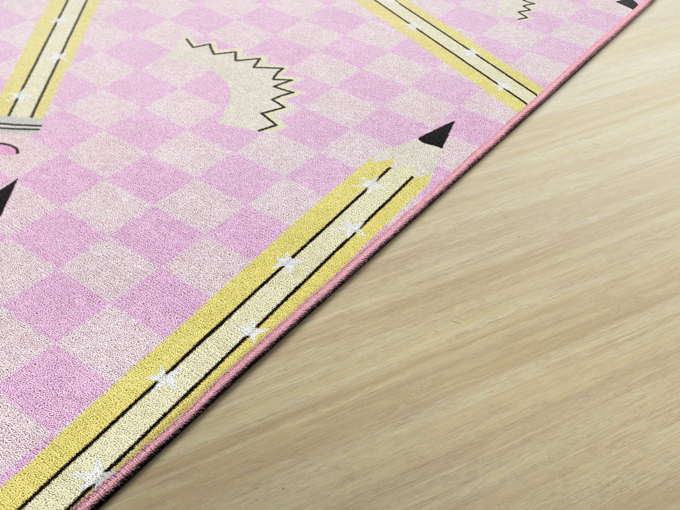 Pencils on Pink Checkerboard Rug