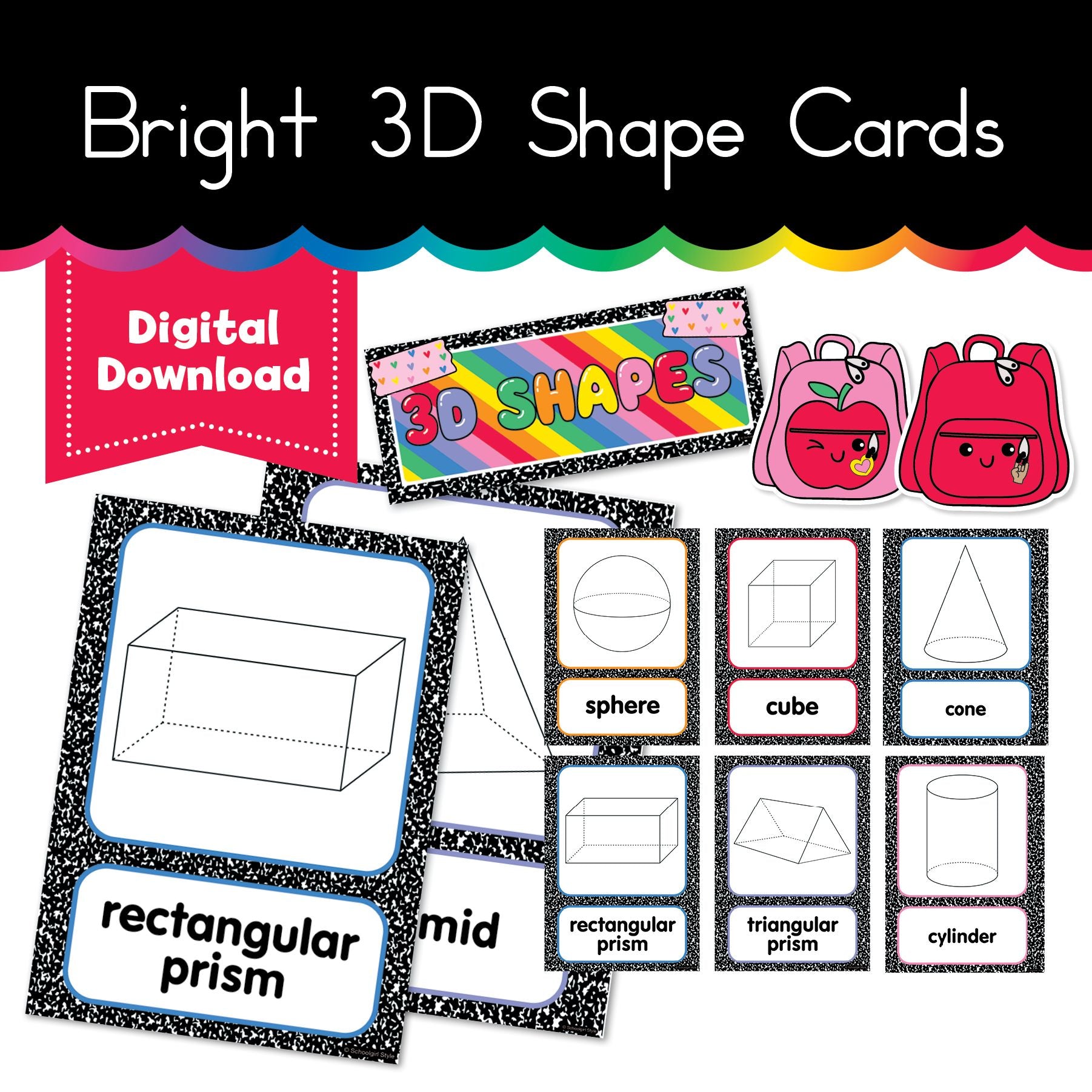 Printable Bright 3D Shape Cards