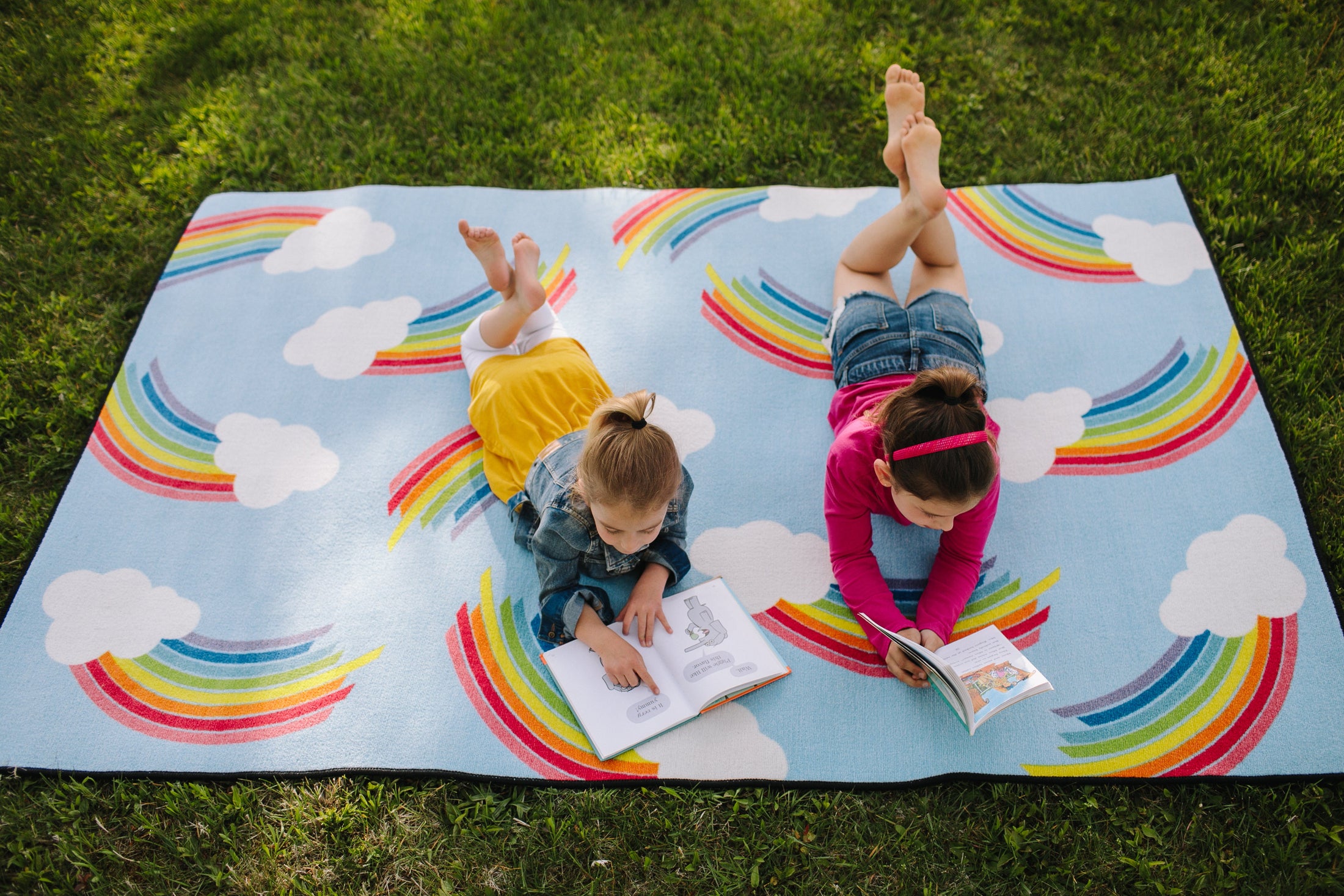 Whimsical Rainbow Blue Classroom Rug by Schoolgirl Style