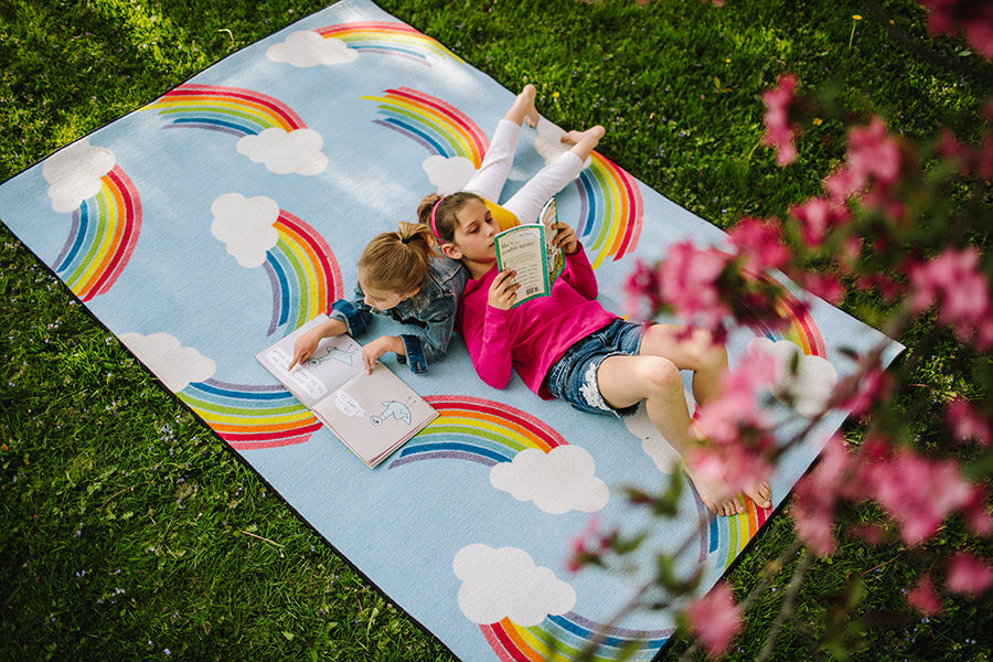 Whimsical Rainbow Blue Classroom Rug by Schoolgirl Style