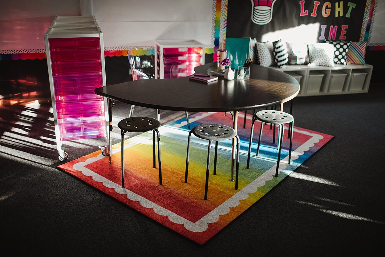 Watercolor Rainbow with White Scallop Classroom Rug by Schoolgirl Style