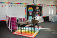 Load image into Gallery viewer, Watercolor Rainbow with White Scallop Classroom Rug by Schoolgirl Style