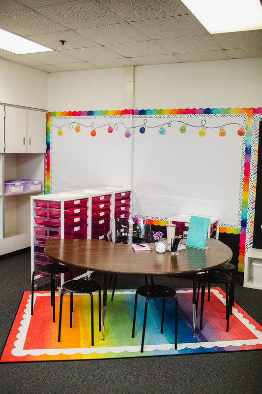 Watercolor Rainbow with White Scallop Classroom Rug by Schoolgirl Style