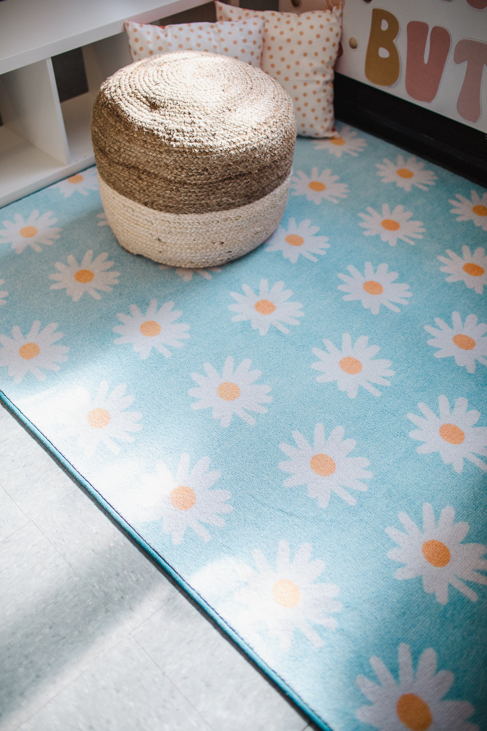 White Daisies on Blue Classroom Rug by Schoolgirl Style