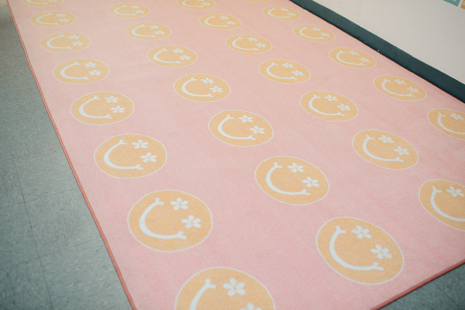 Viral Pink Smiley Face Sit Spots Rug Classroom Rug by Schoolgirl Style