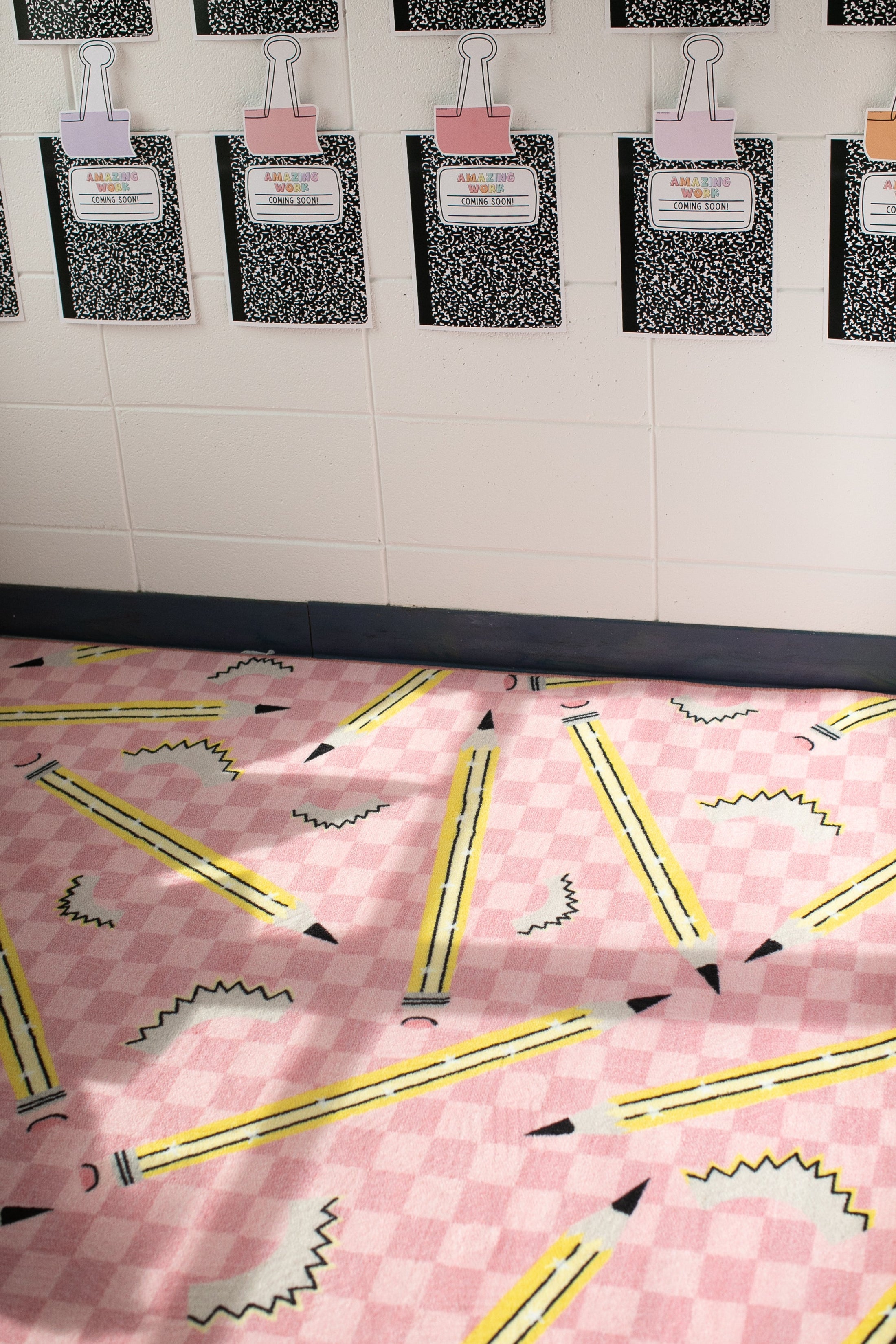 Pencils on Pink Checkerboard Rug