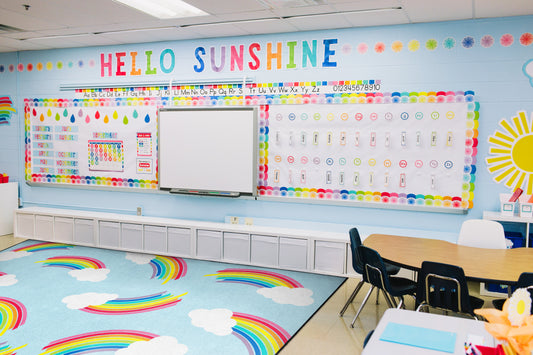 Whimsical Rainbow Blue Classroom Rug by Schoolgirl Style