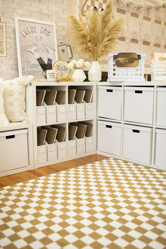 Brown and White Checkerboard Rug Neutral Classroom Rug