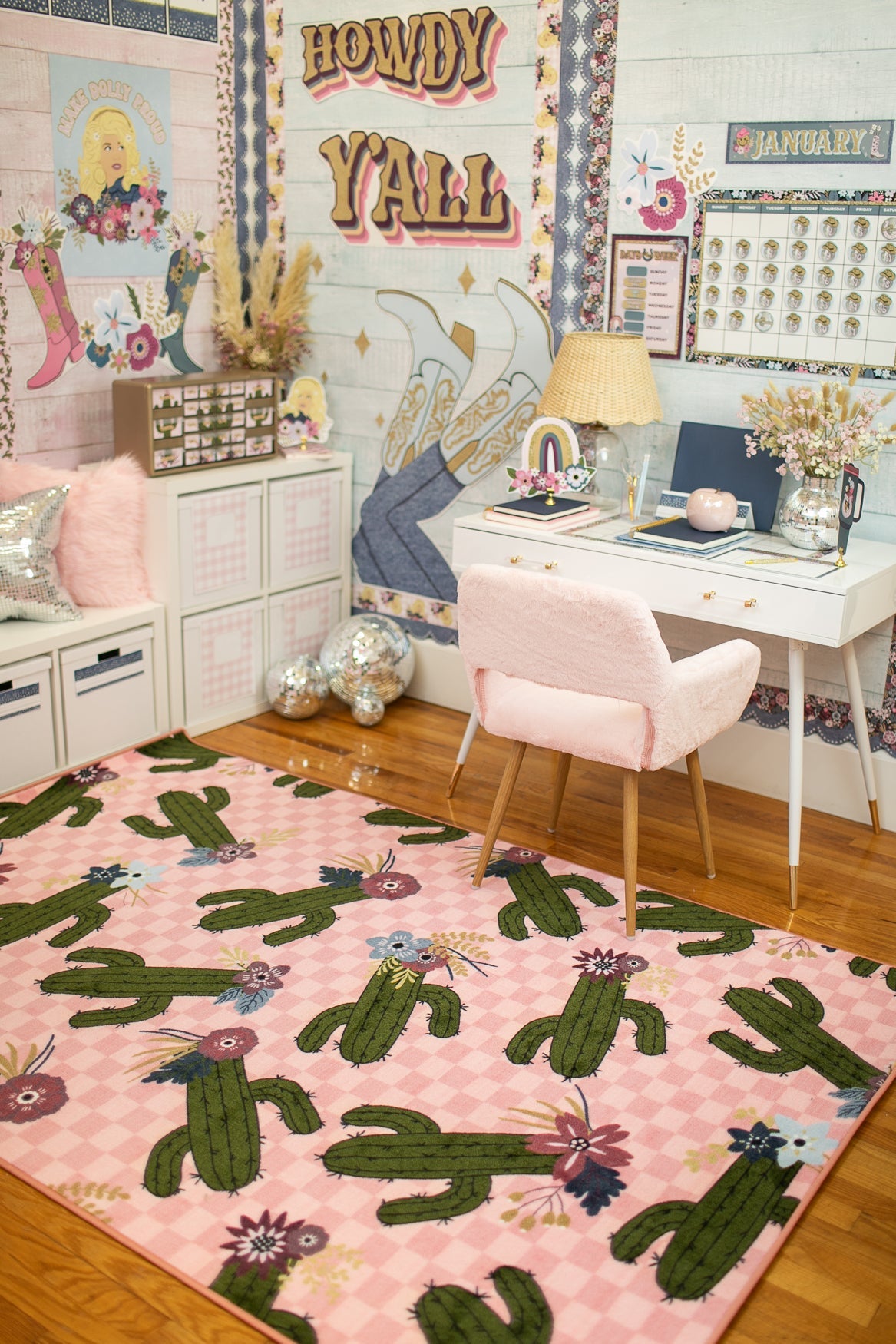 Cactus Patterns on Light Pink Classroom Rug by Schoolgirl Style