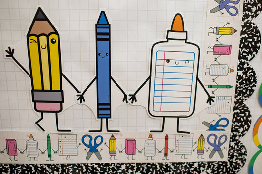 Printable Bright Rainbow School Supply Characters Bulletin Board Cutouts | School Days