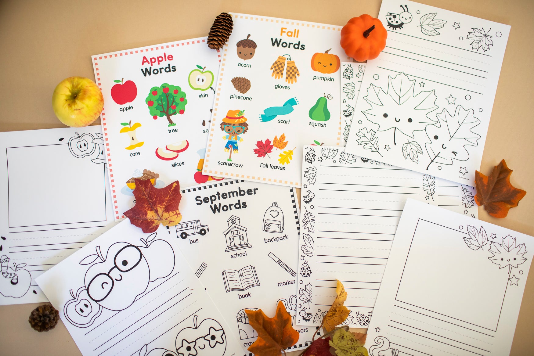 fall word posters and writing worksheets