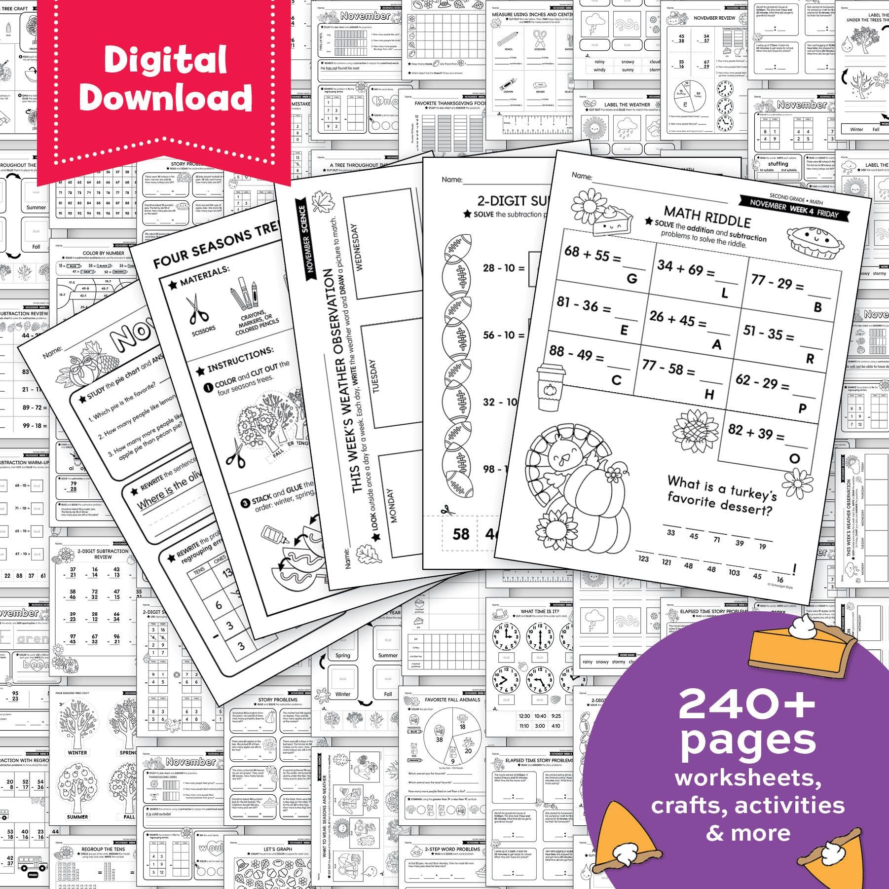 Printable Second Grade November Homeschool Curriculum Bundle