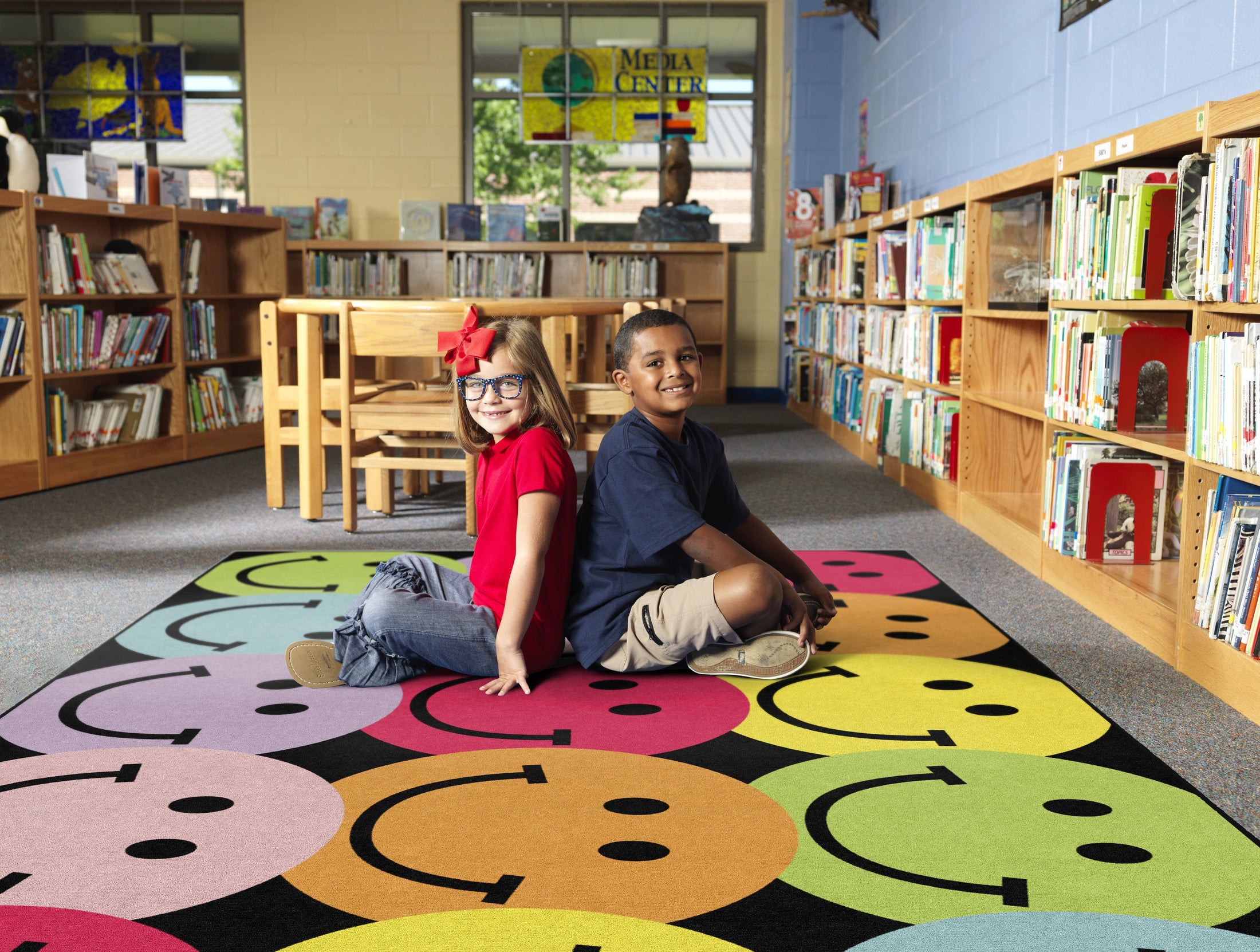 Big Rainbow Smiley Faces Classroom Rug by Schoolgirl Style