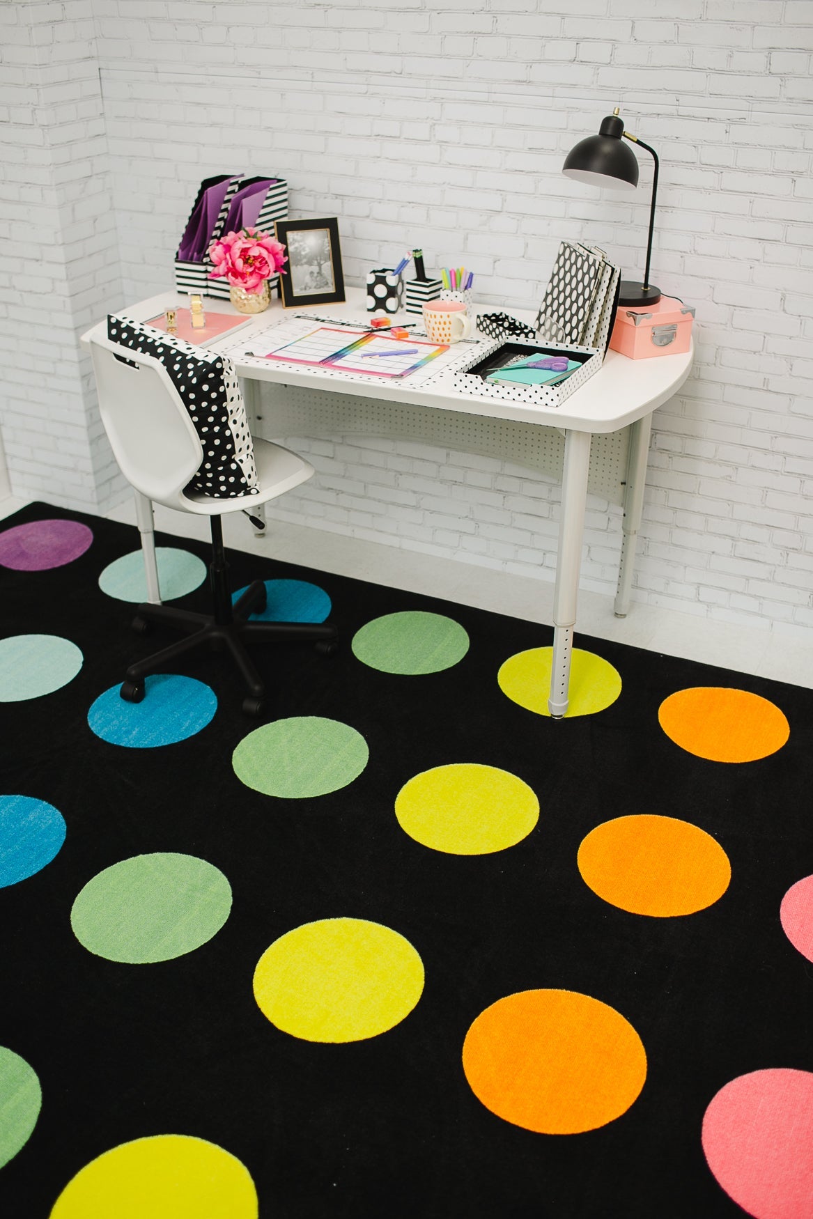 Rainbow Dots on Black Sit Spots Classroom Rug by Schoolgirl Style