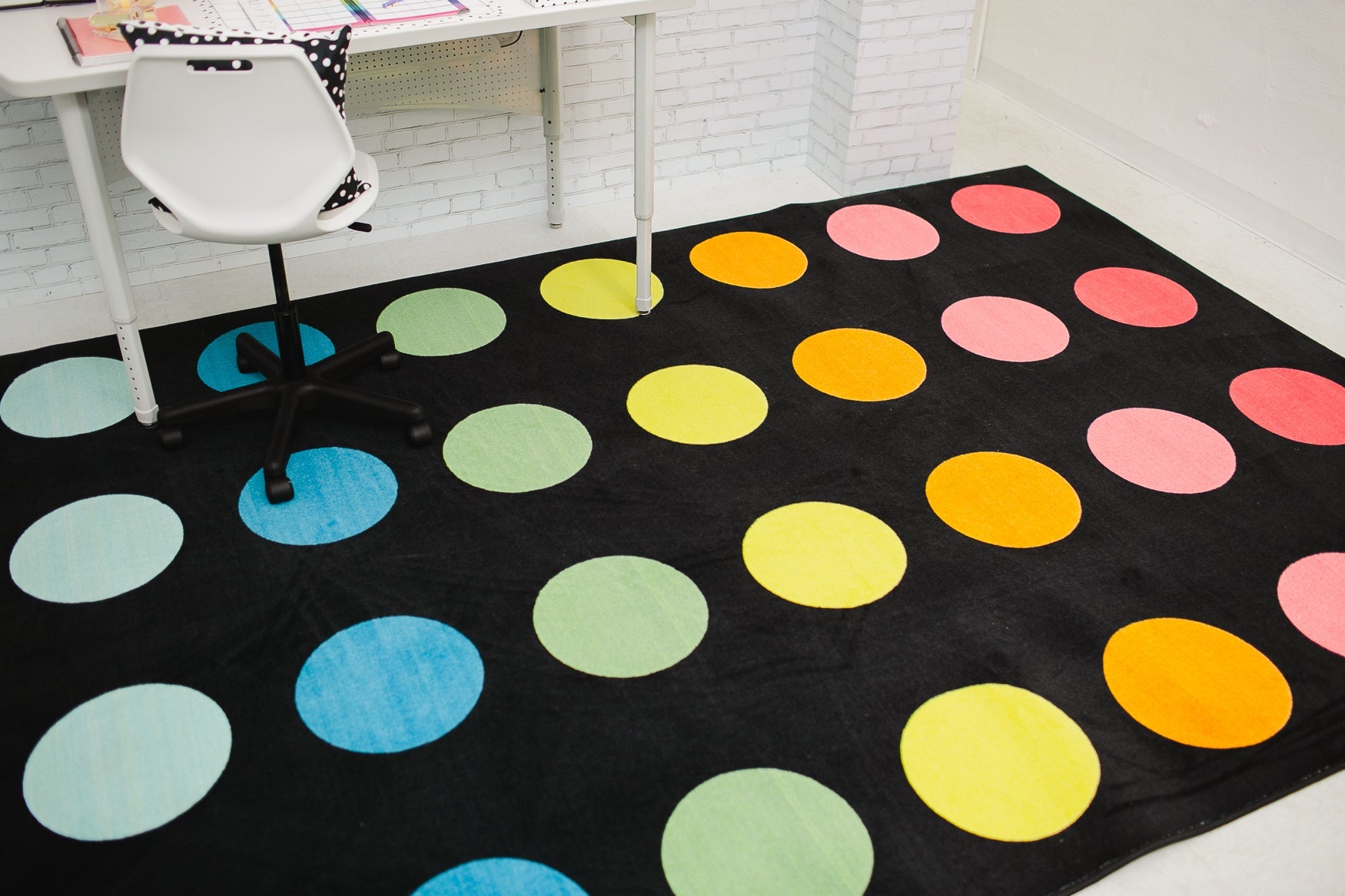 Rainbow Dots on Black Sit Spots Classroom Rug by Schoolgirl Style