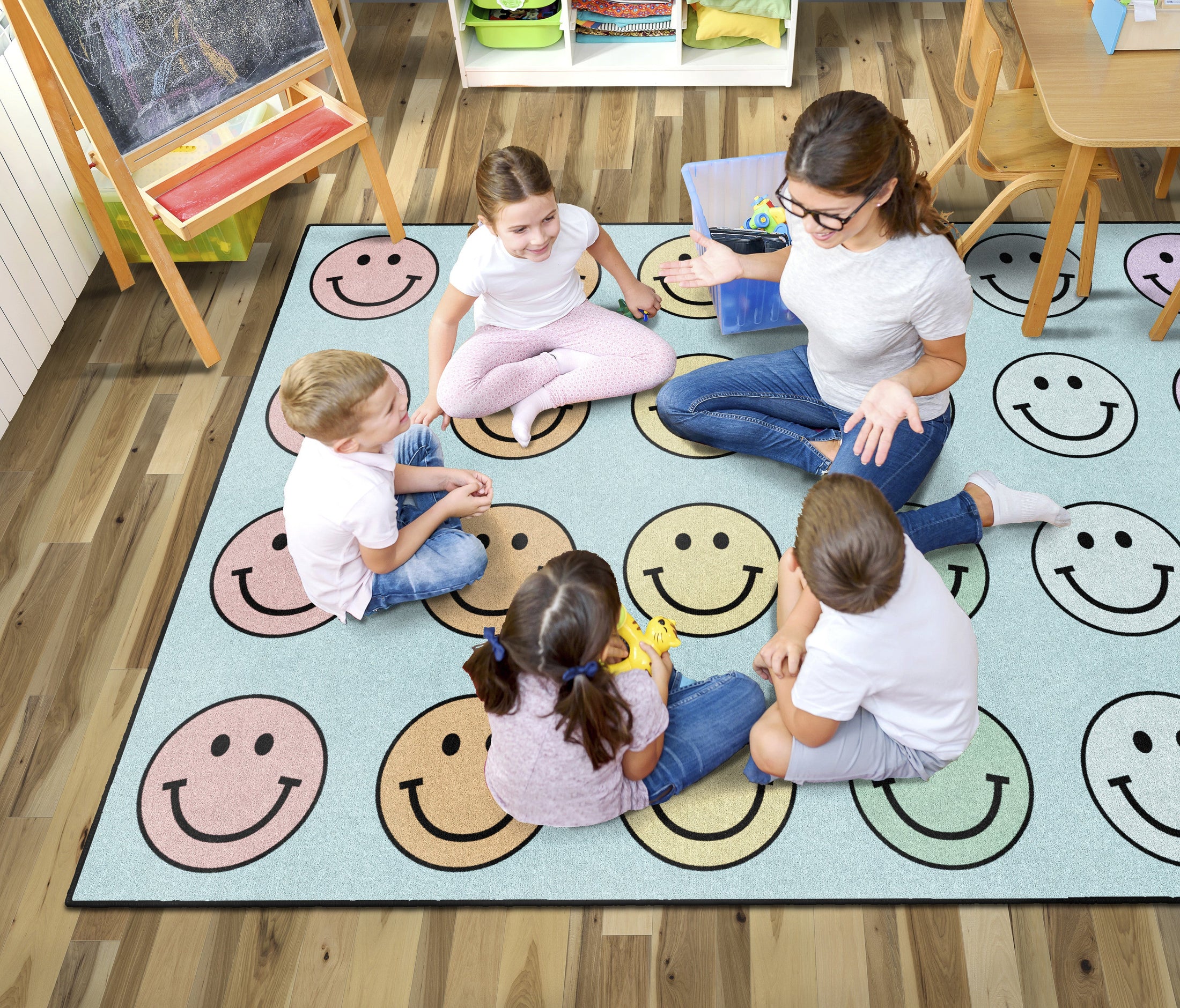 Pastel Rainbow Smileys Sit Spot Rug Seating Classroom Rug by Schoolgirl Stye
