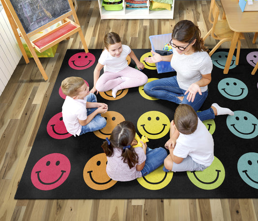 Rainbow Smileys on Black Sit Spots Classroom Rug by Schoolgirl Style