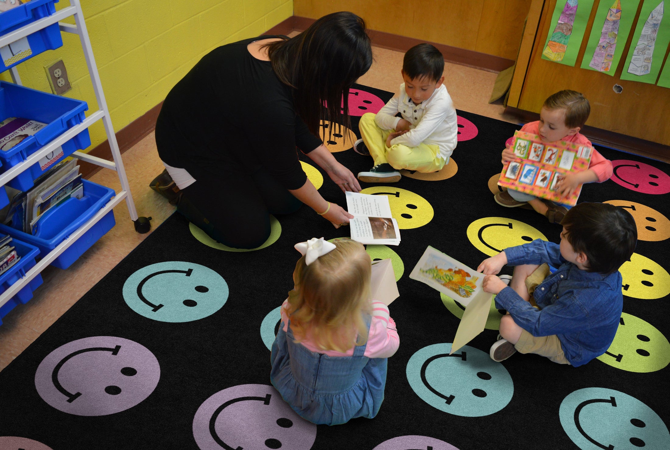 Rainbow Smileys on Black Sit Spots Classroom Rug by Schoolgirl Style