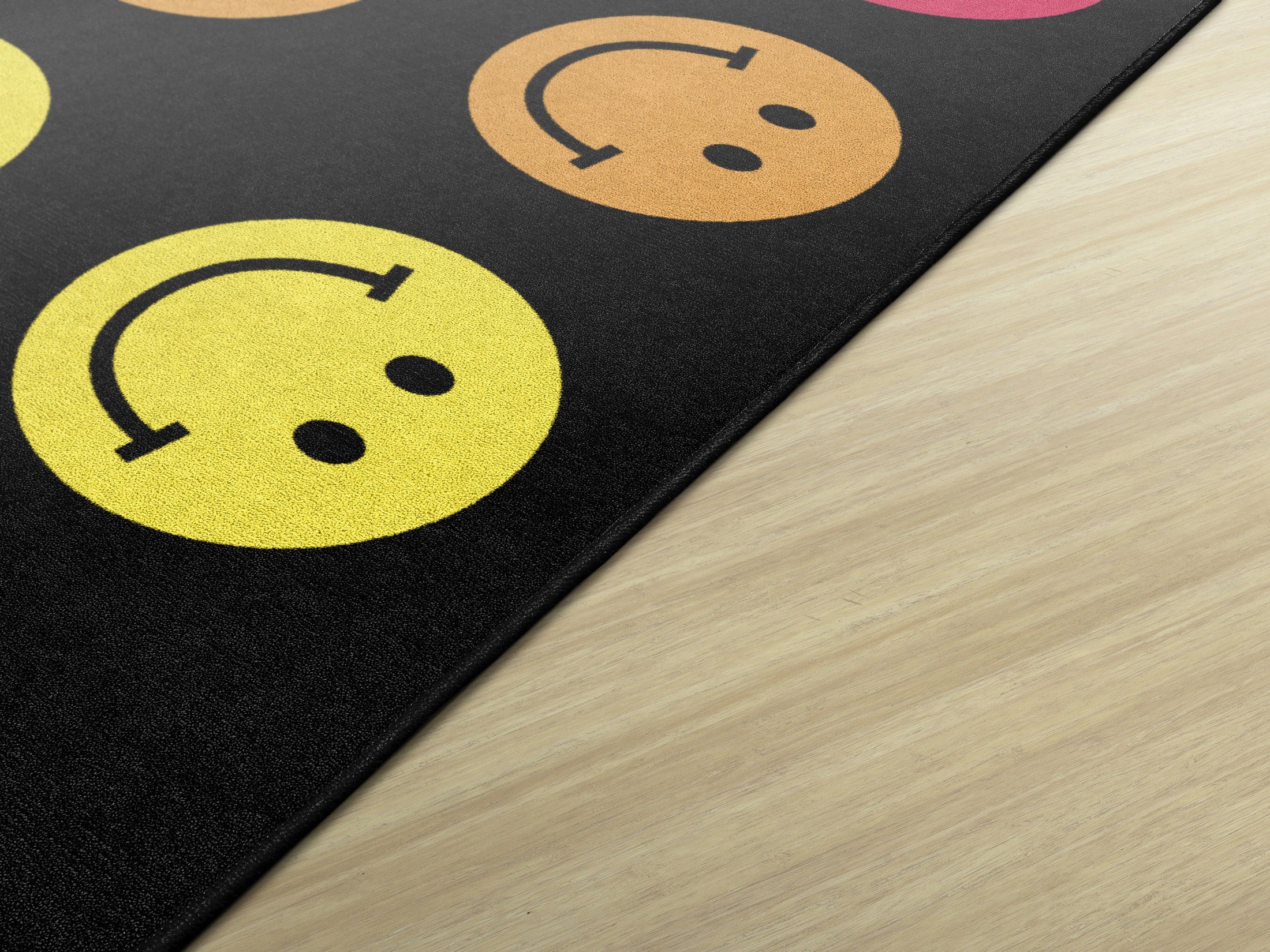 Rainbow Smileys on Black Sit Spots Classroom Rug by Schoolgirl Style