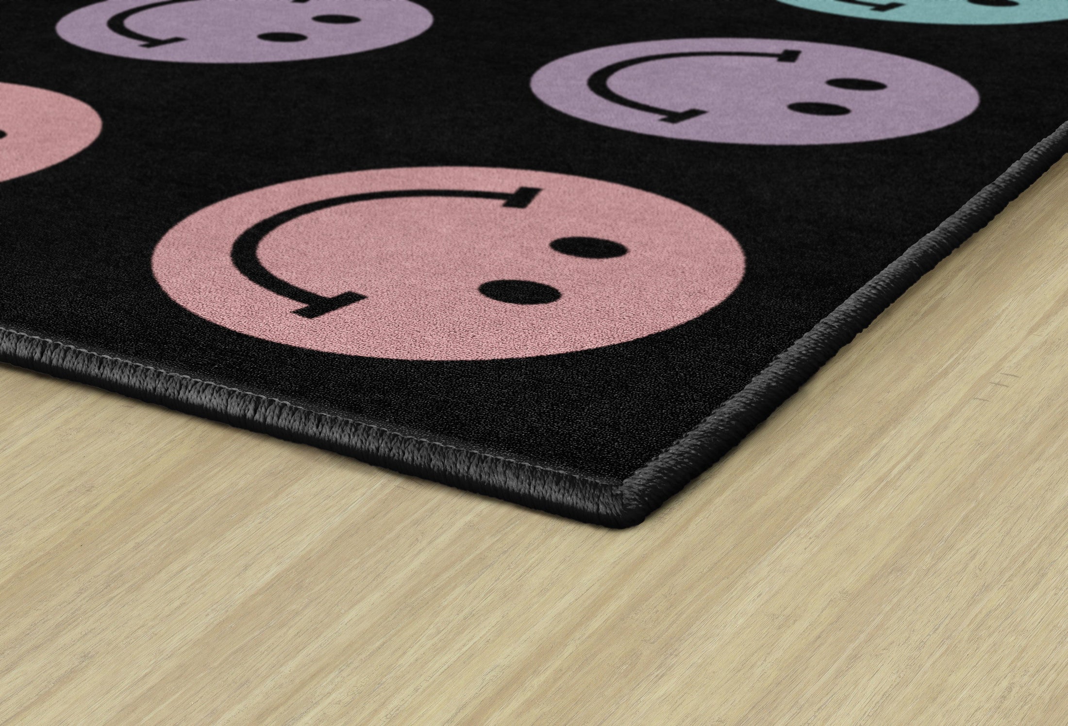 Rainbow Smileys on Black Sit Spots Classroom Rug by Schoolgirl Style