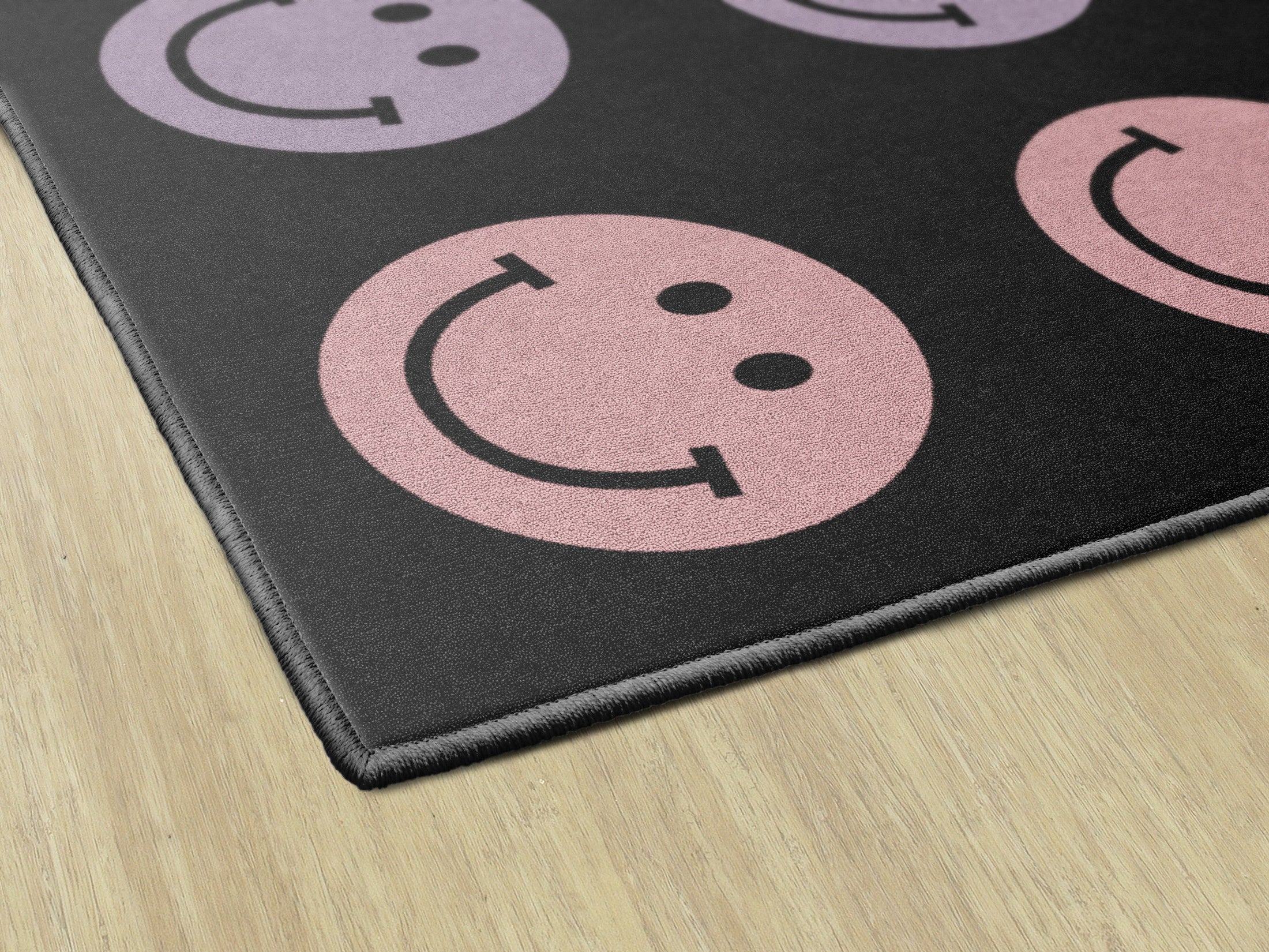 Rainbow Smileys on Black Sit Spots Classroom Rug by Schoolgirl Style