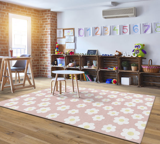 Retro Daisies on Pink Classroom Rug by Schoolgirl Style