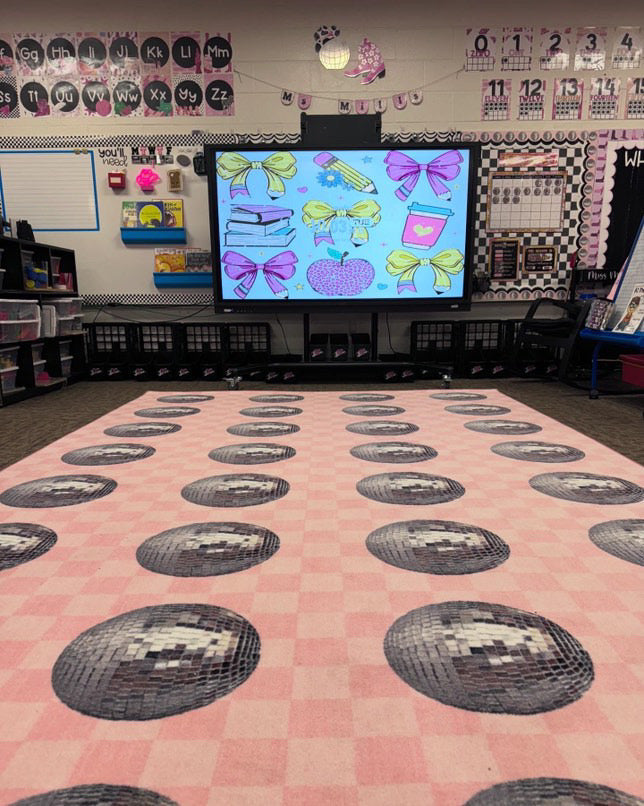 Pink Checkerboard Disco Ball Sit Spots Classroom Rug by Schoolgirl Style