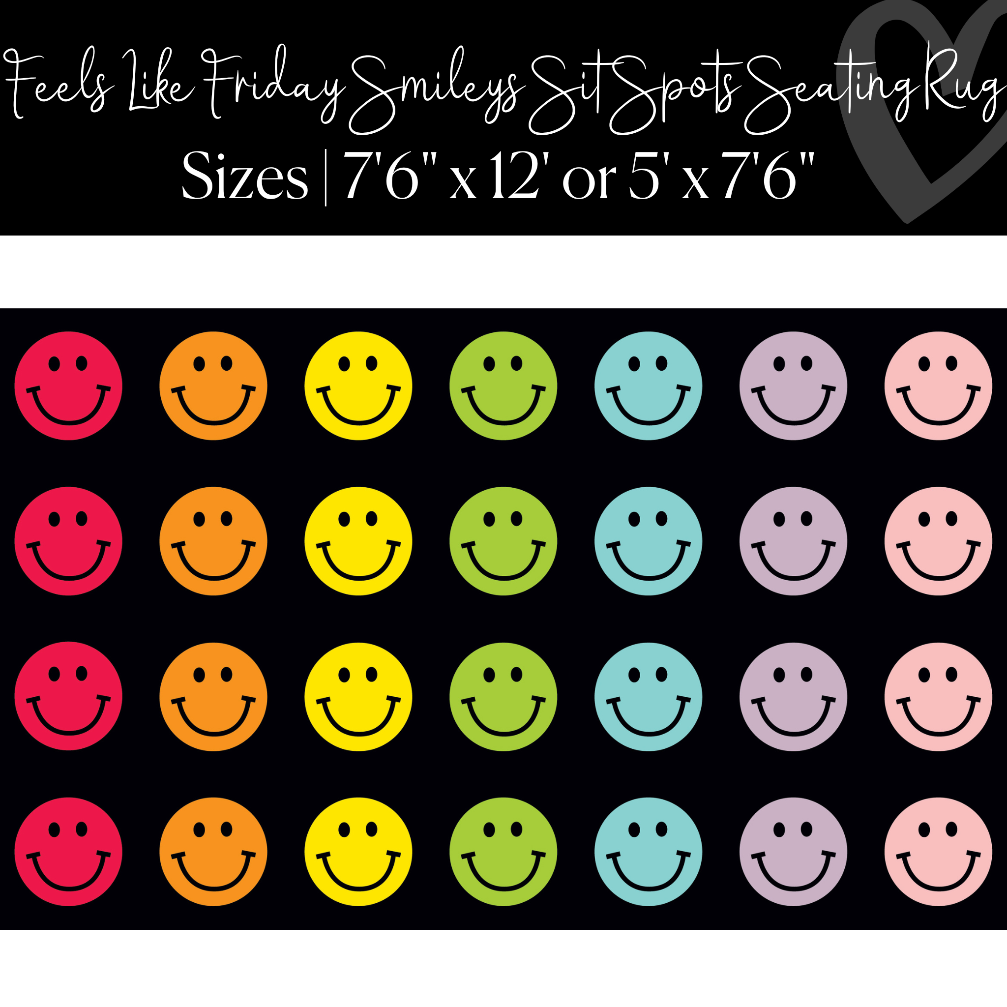 Rainbow Smileys on Black Sit Spots Classroom Rug by Schoolgirl Style
