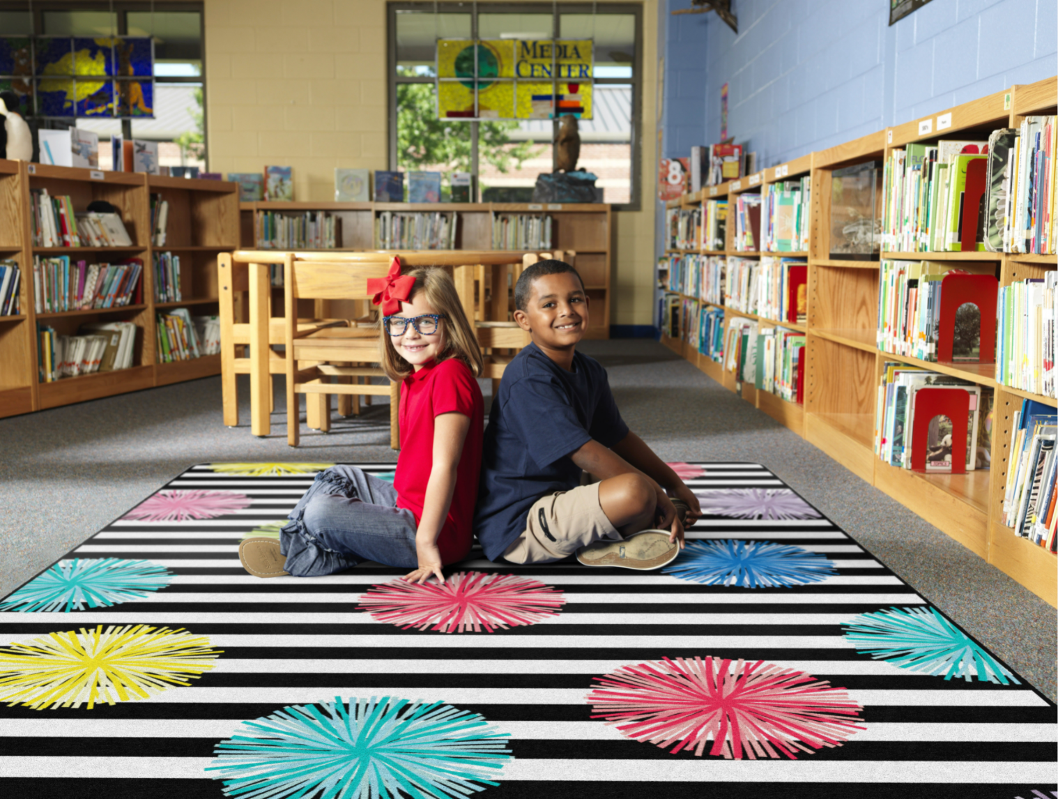 Rainbow Poms & Stripes Classroom Rug by Schoolgirl Style