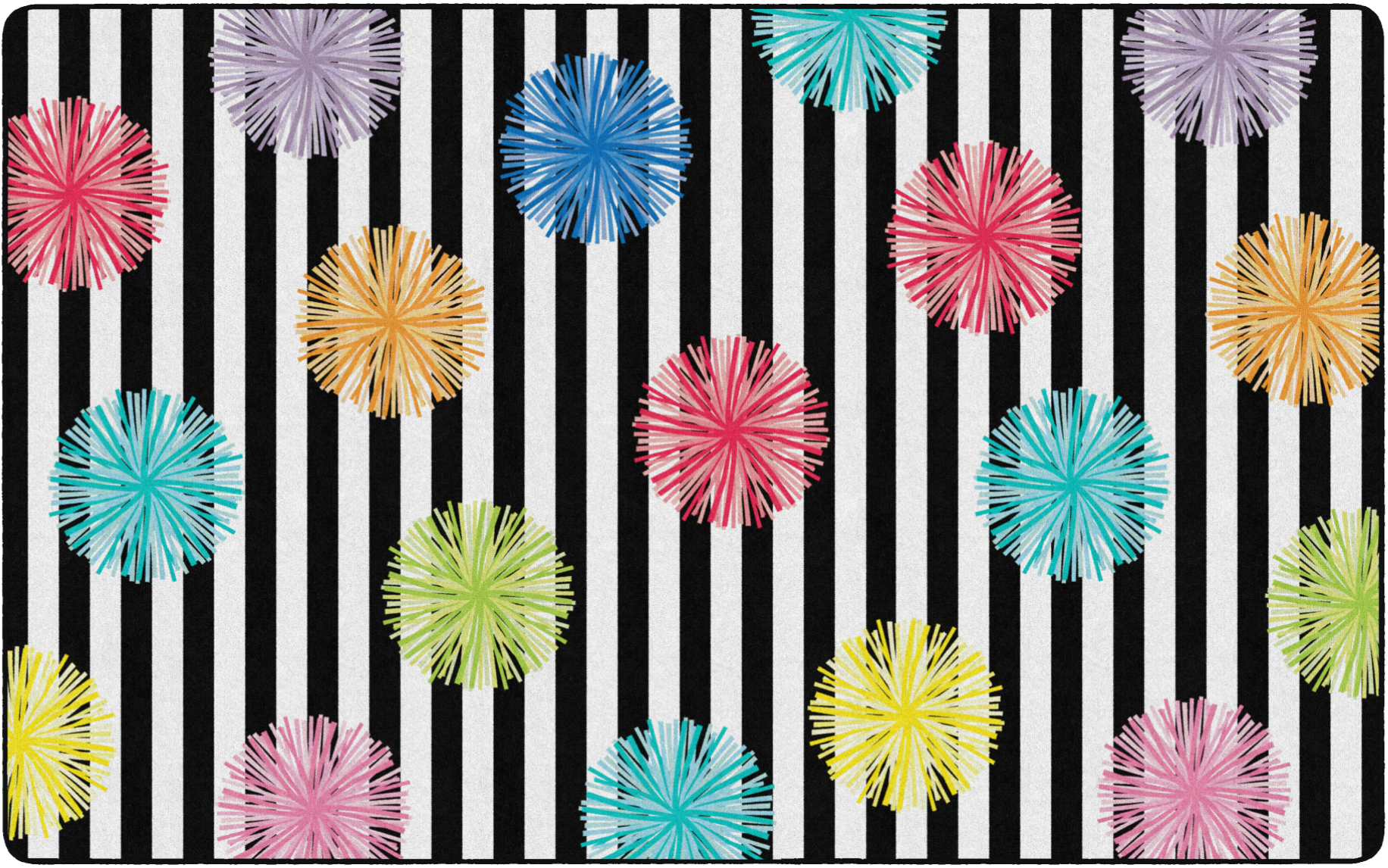 Colorful Poms on Black and White Stripe Classroom Rug by schoolgirl style