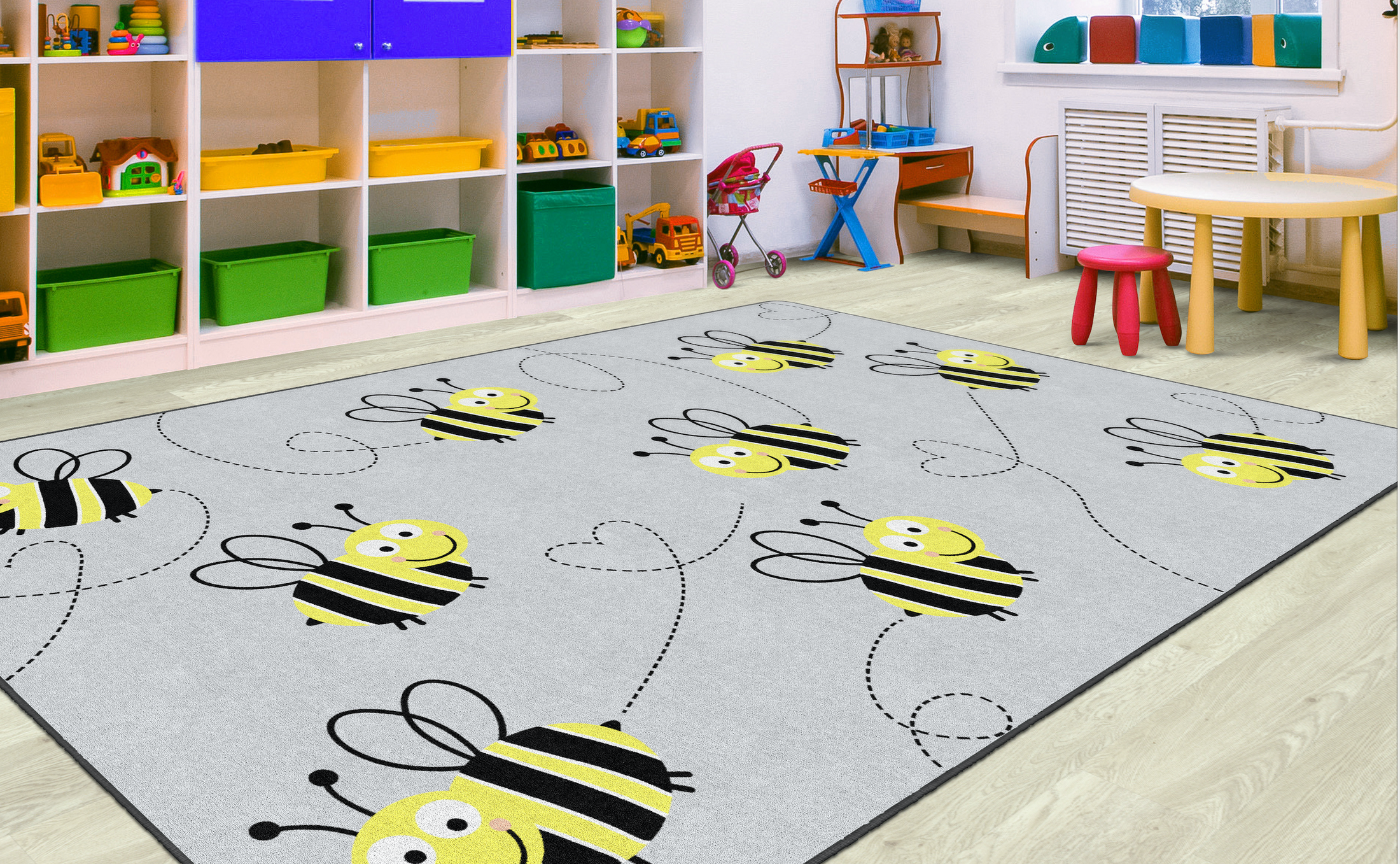 Bees on Gray Classroom Rug by Schoolgirl Style