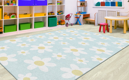 White Daisies on Blue Classroom Rug by Schoolgirl Style