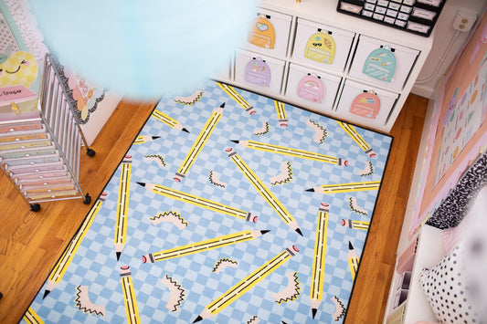 Pencils on Blue Checkerboard Rug